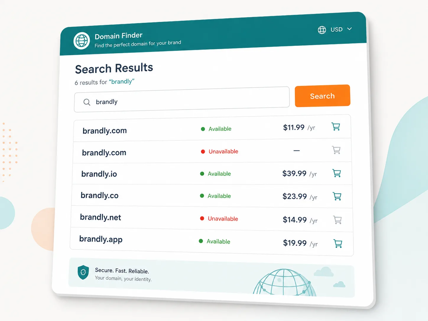 Modusdom domain search results with live availability and renewal prices