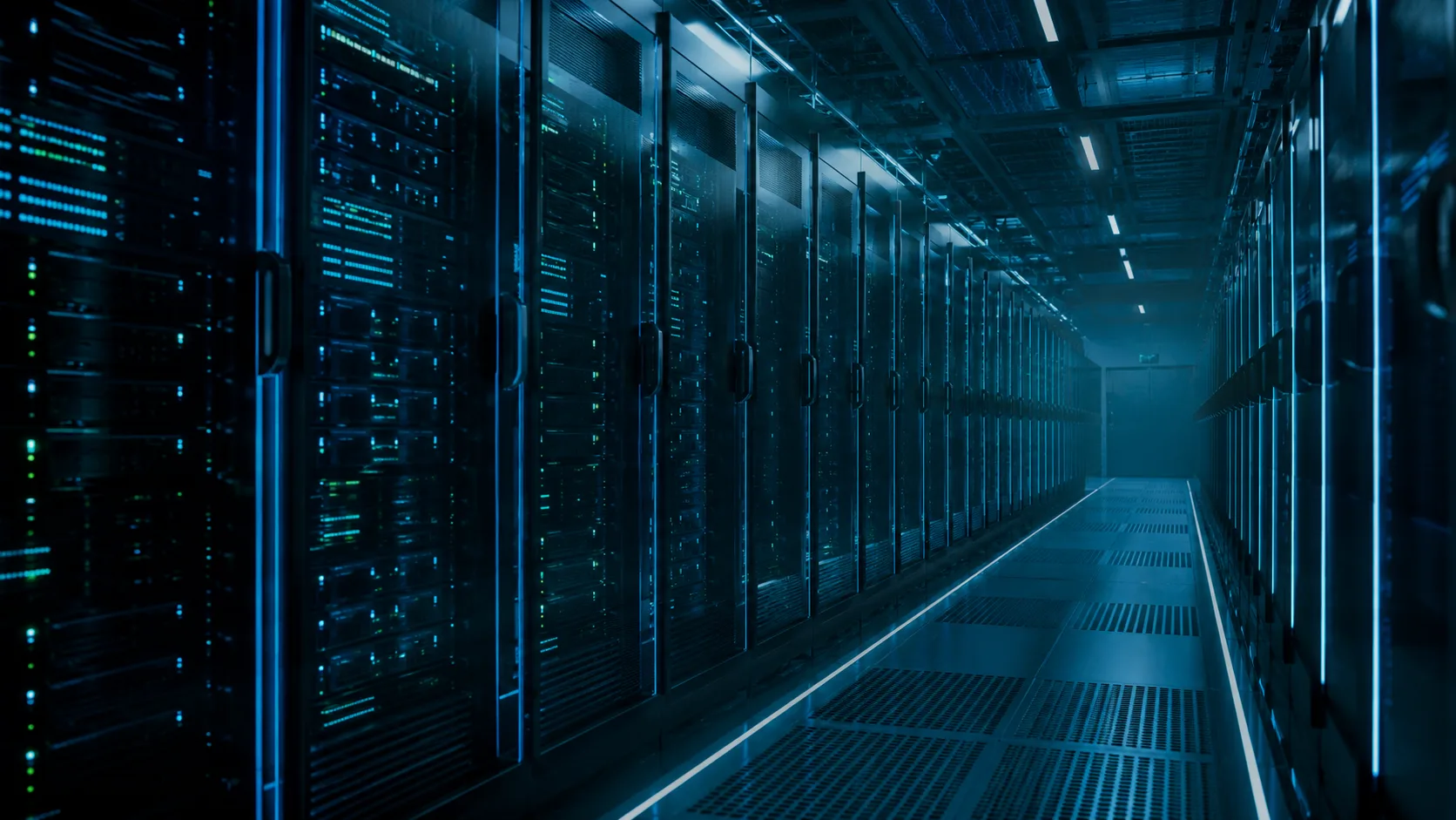 Modern data center with rows of servers