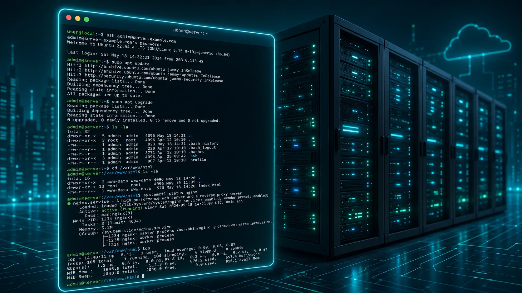 Server rack with terminal overlay